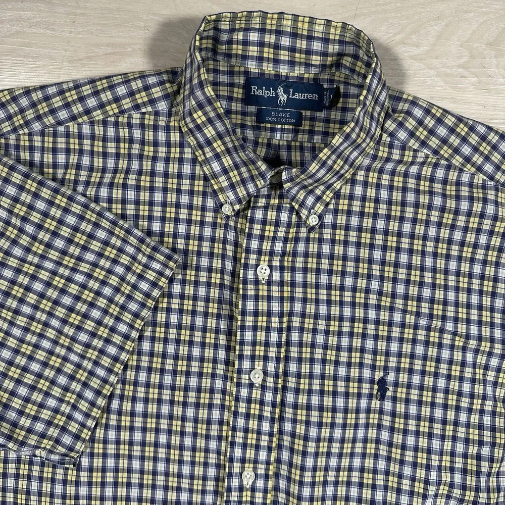 Ralph Lauren Polo Blake plaid Short Sleeve Button Down Shirt Large Yellow Purple